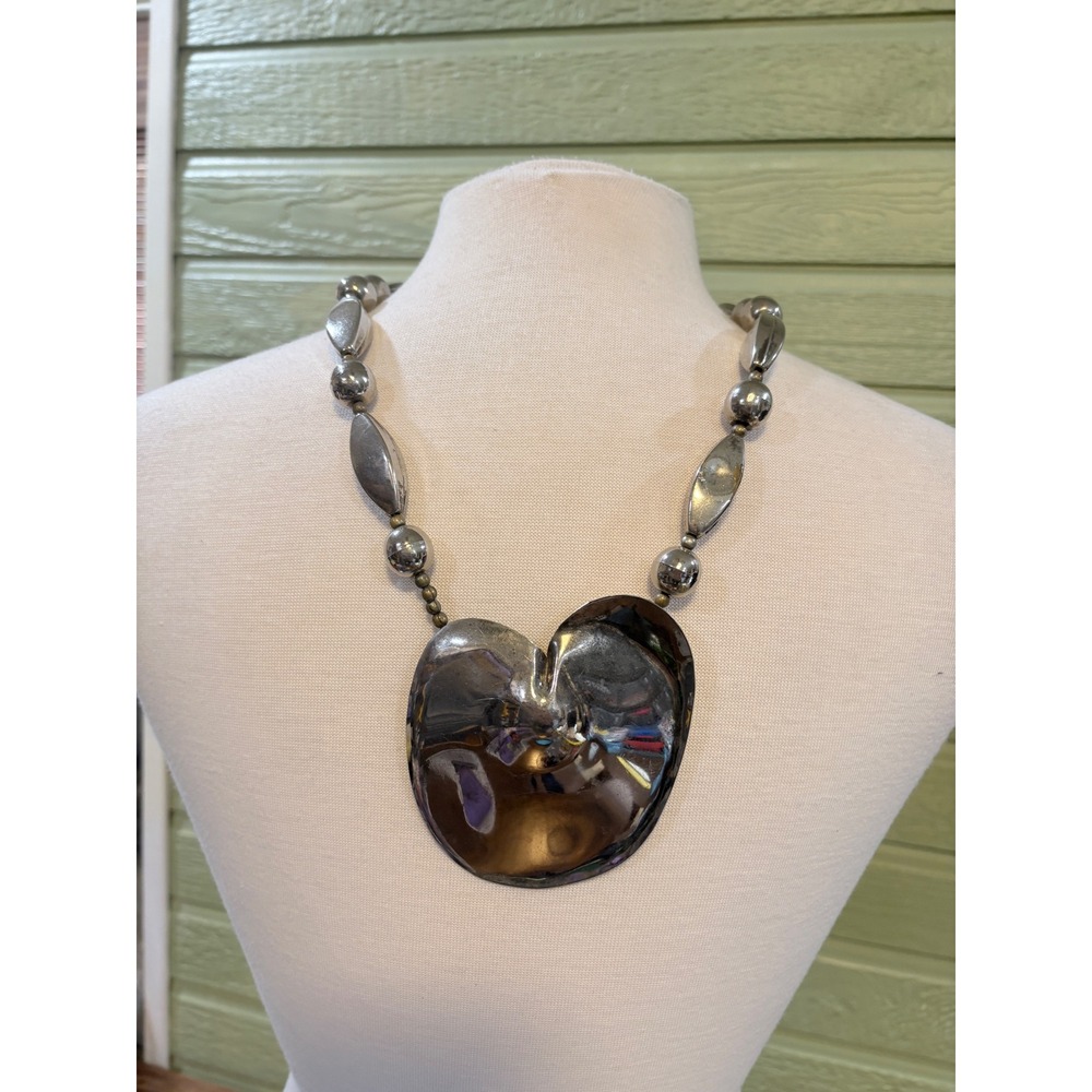 Vintage Modernist Sculptural Heart Statement Necklace Silver Brass Mixed Metal